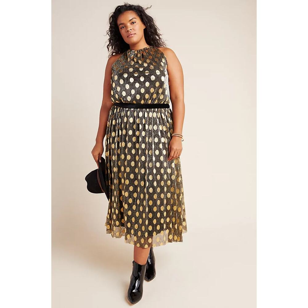 nwt ANTHROPOLOGIE SUNDAY IN BROOKLYN sz 3X Confetti Halter Maxi Gold polka dot